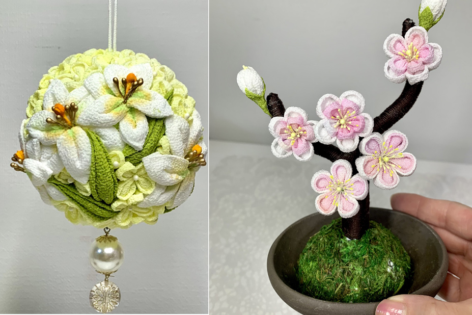 つまみ細工で～花手毬と盆栽 - 和布・和生地・ちりめん生地・和風布